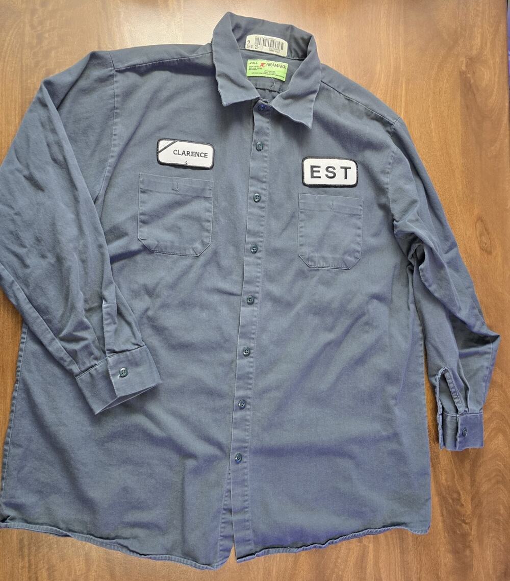 VTG Aramark Red Kap Mechanic Work Shirt 2XLL Tall Blue Clarence Patches Cotton